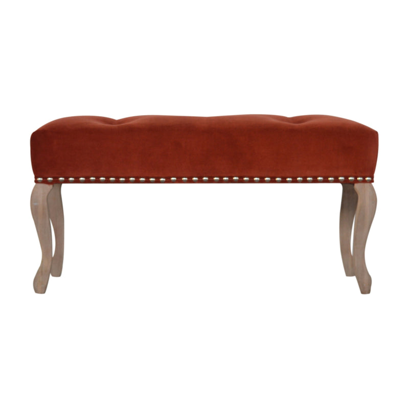 French Style Rust Velvet Bench | Hand-Carved