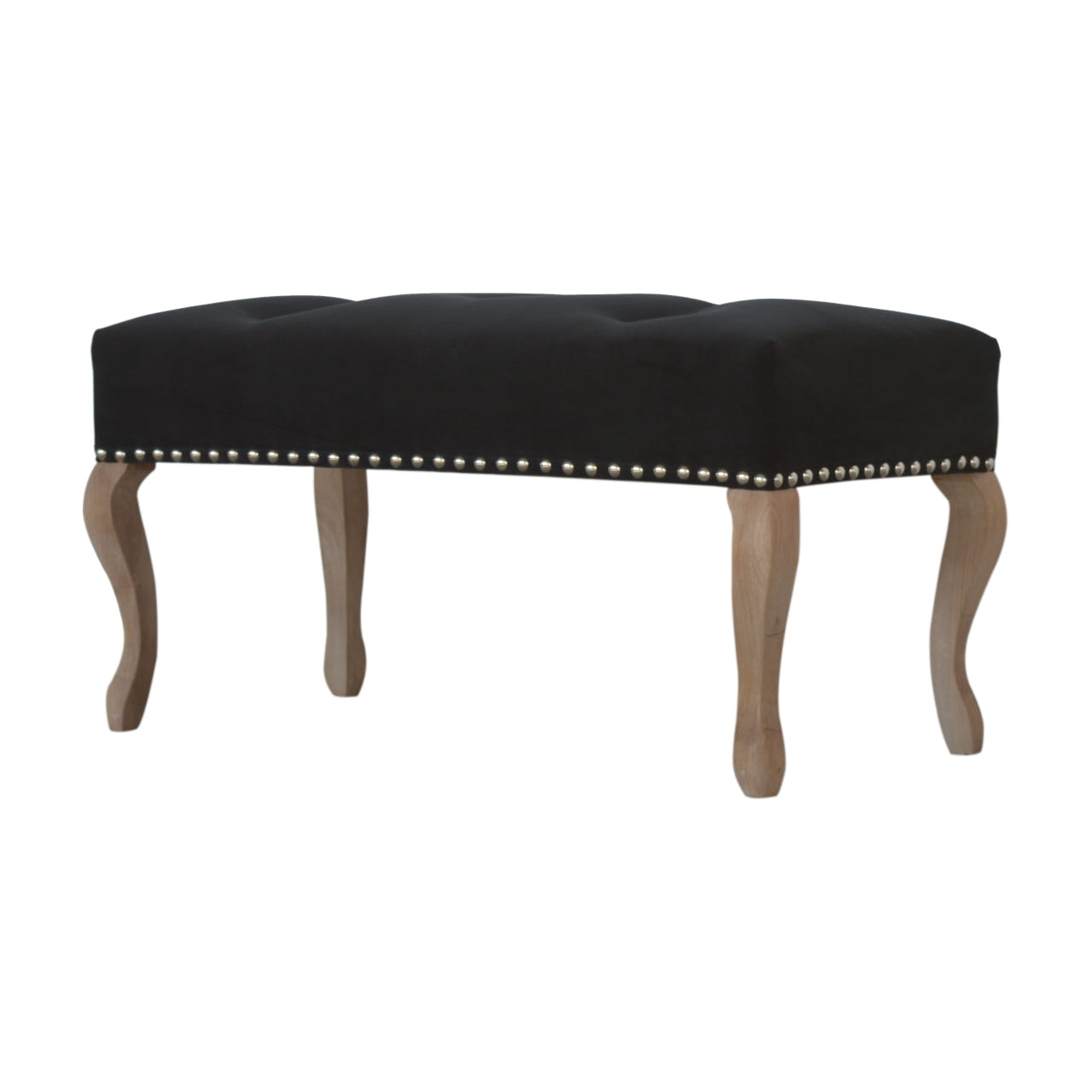 French Style Black Velvet Bench | Cotton Velvet Hand-Carved