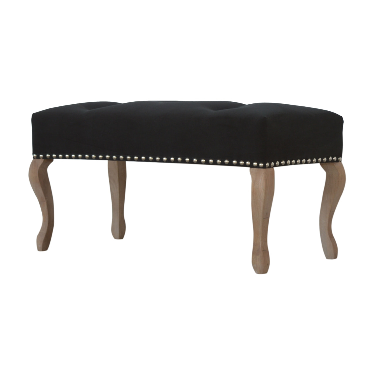 French Style Black Velvet Bench | Cotton Velvet Hand-Carved
