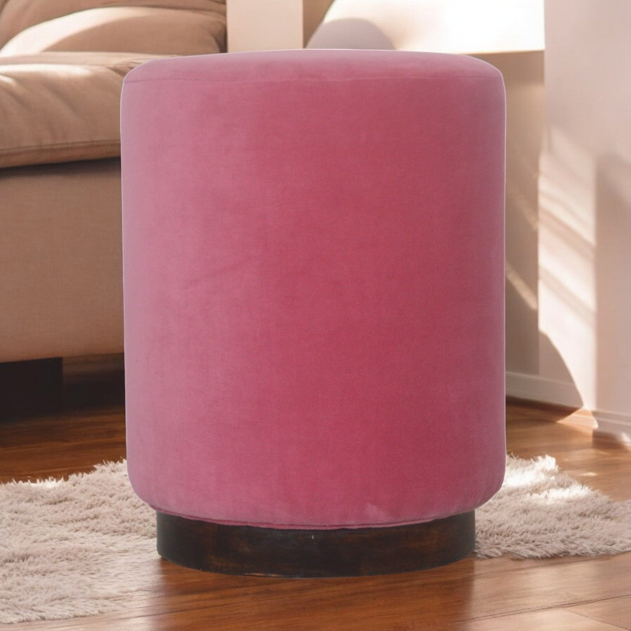 Pink Velvet Footstool with Wooden Base