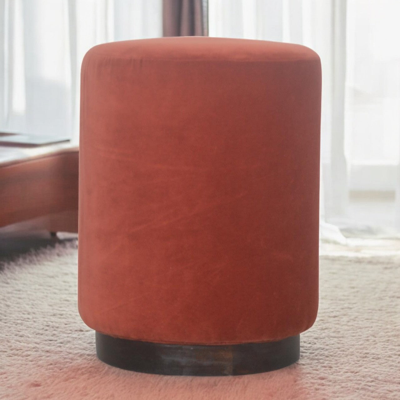 Brick Red Velvet Footstool with Wooden Base