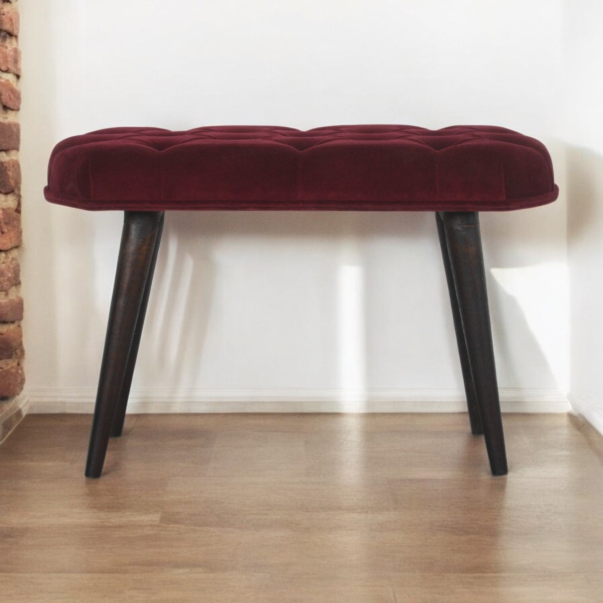 Wine Red Velvet Deep Button Bench