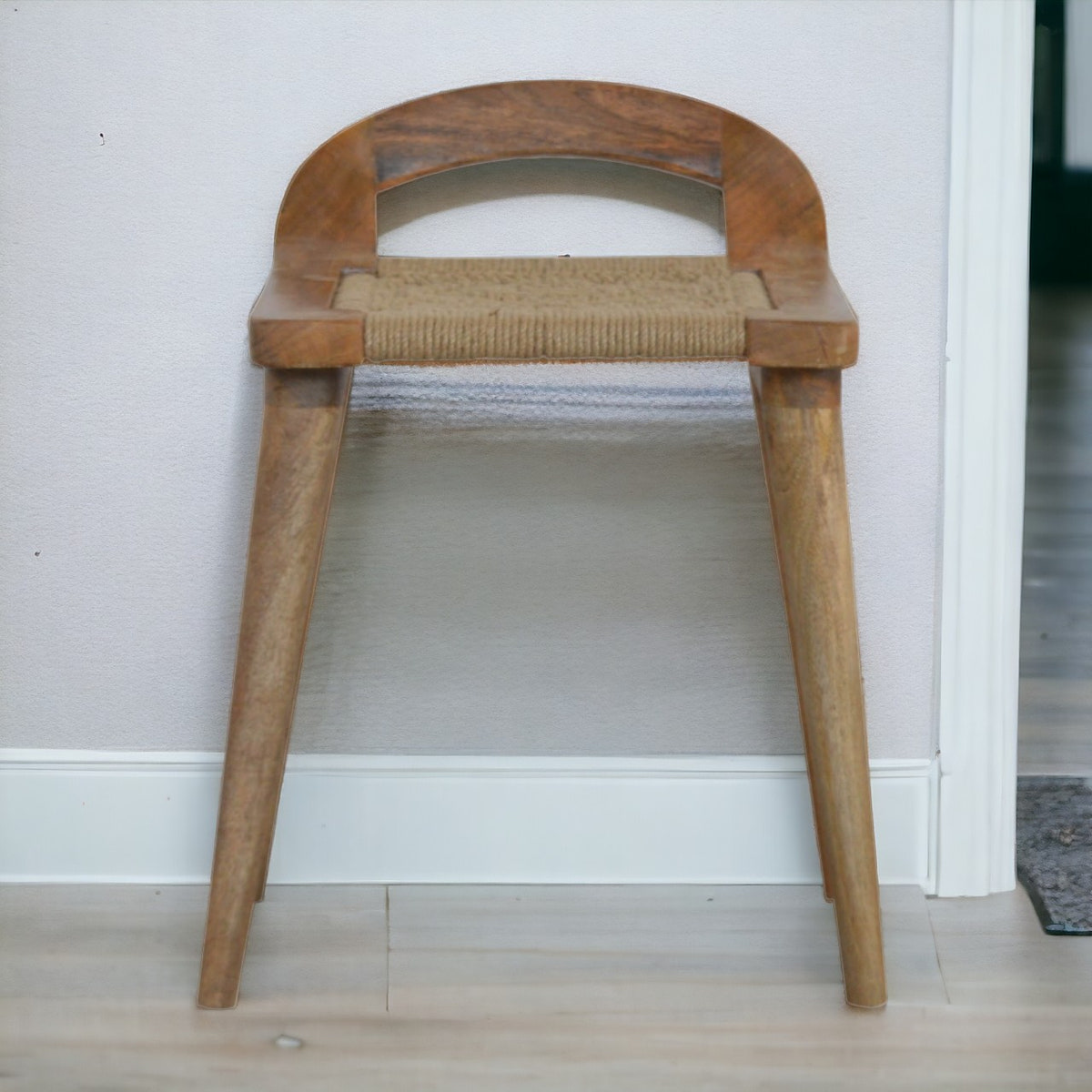 Woven Raised Back Footstool | Oak Solid Mango Wood