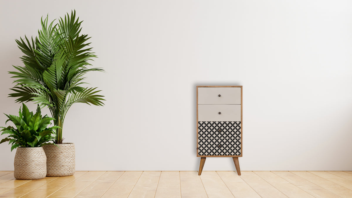 Diamond Screen Printed Tallboy Chest of Drawers | Oak-Ish Solid Mango Wood