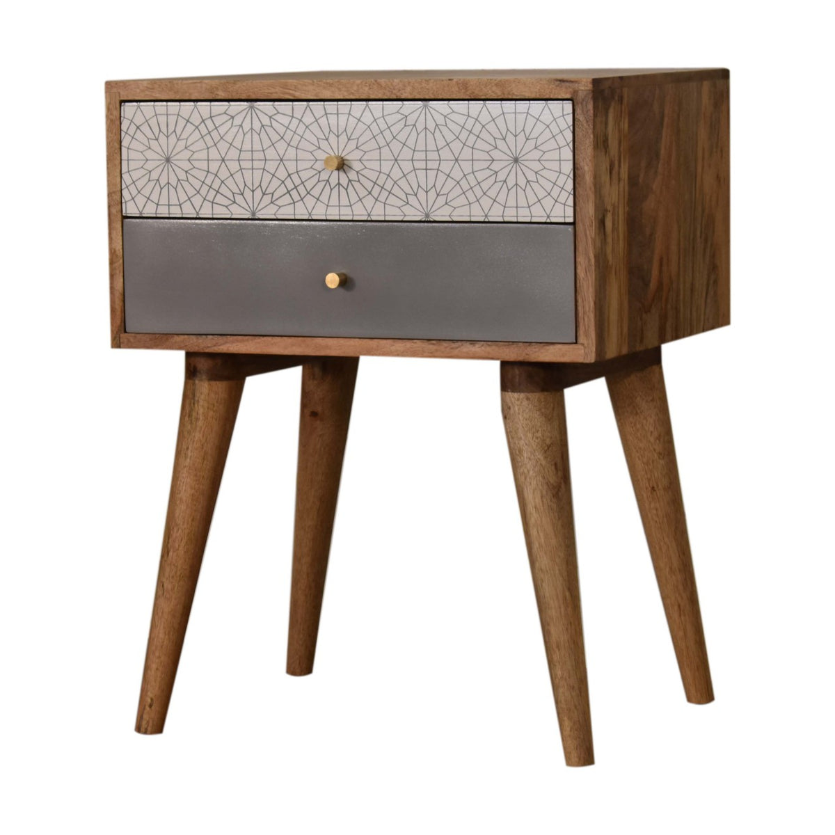 Grey Patterned Bedside Table | Oak-Ish Solid Mango Wood