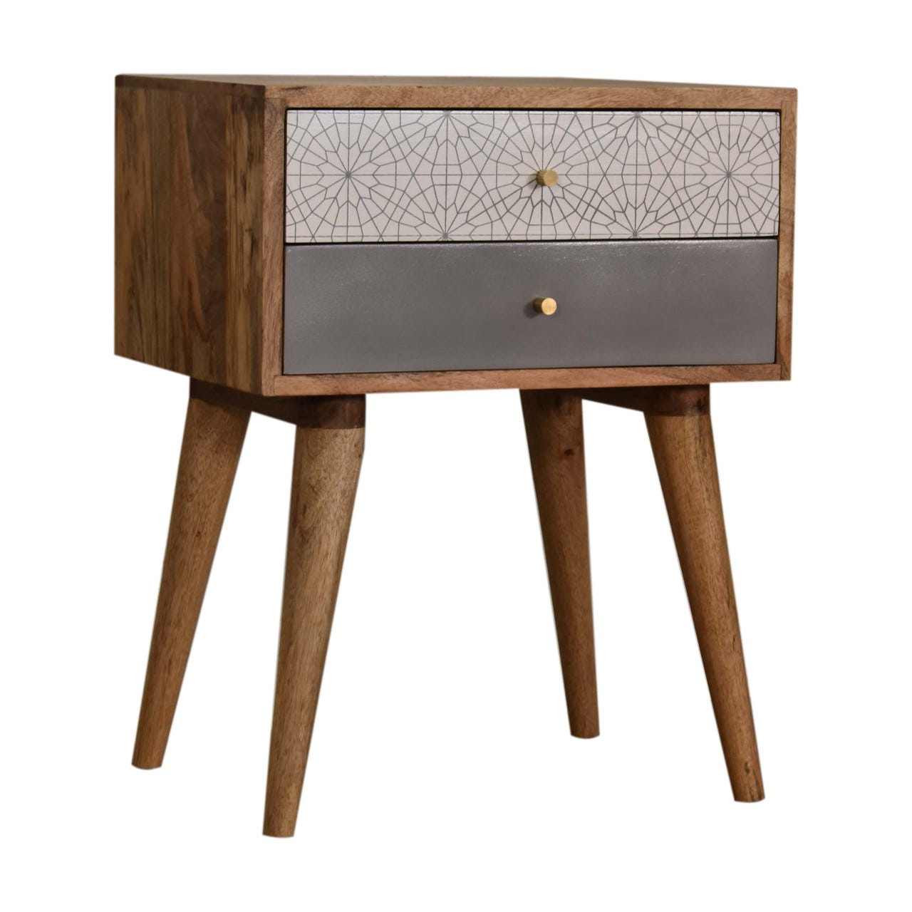 Grey Patterned Bedside Table | Oak-Ish Solid Mango Wood