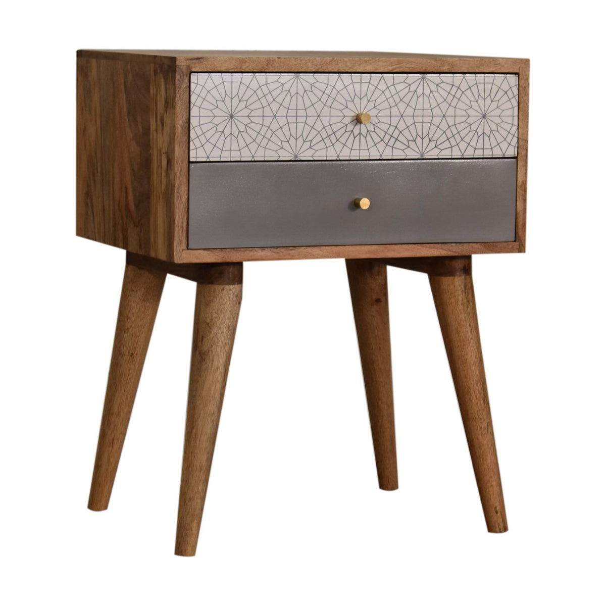 Grey Patterned Bedside Table | Oak-Ish Solid Mango Wood