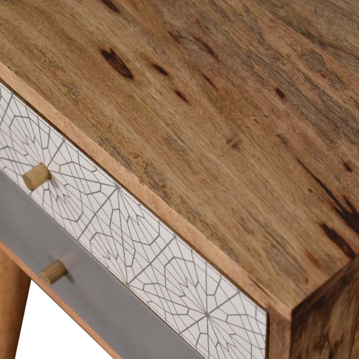 Grey Patterned Bedside Table | Oak-Ish Solid Mango Wood