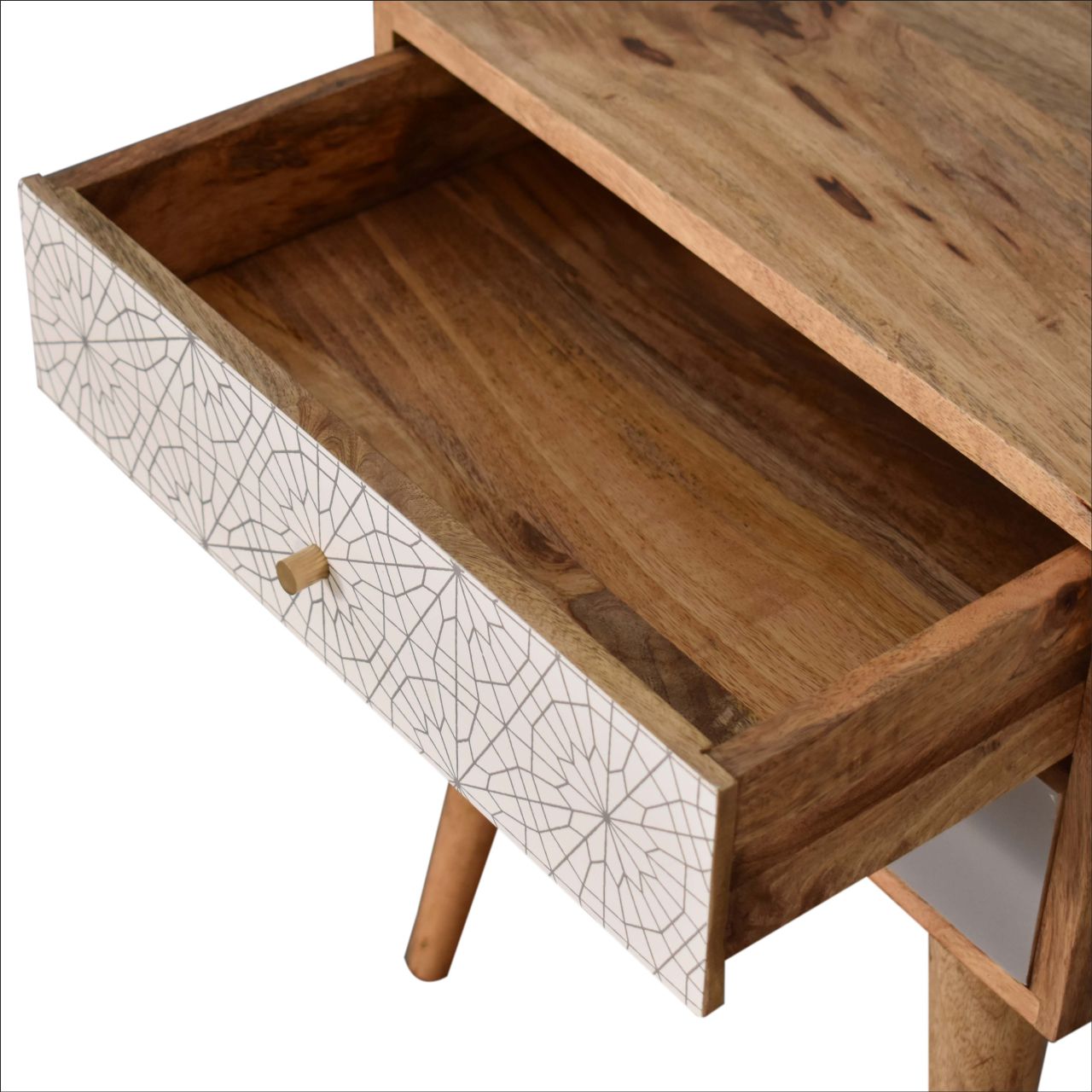 Grey Patterned Bedside Table | Oak-Ish Solid Mango Wood