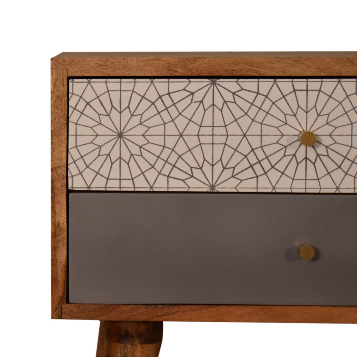 Grey Patterned Bedside Table | Oak-Ish Solid Mango Wood