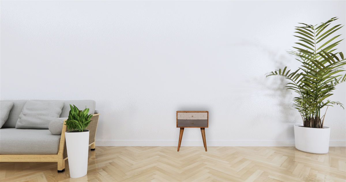 Grey Patterned Bedside Table | Oak-Ish Solid Mango Wood