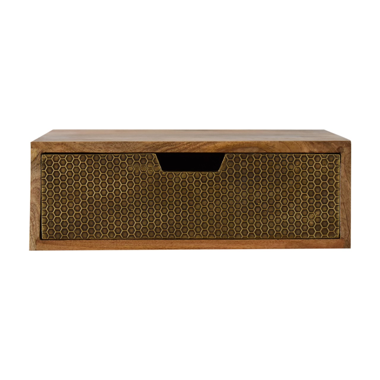 Floating Honeycomb Brass Bedside Table | Oak Mango Wood