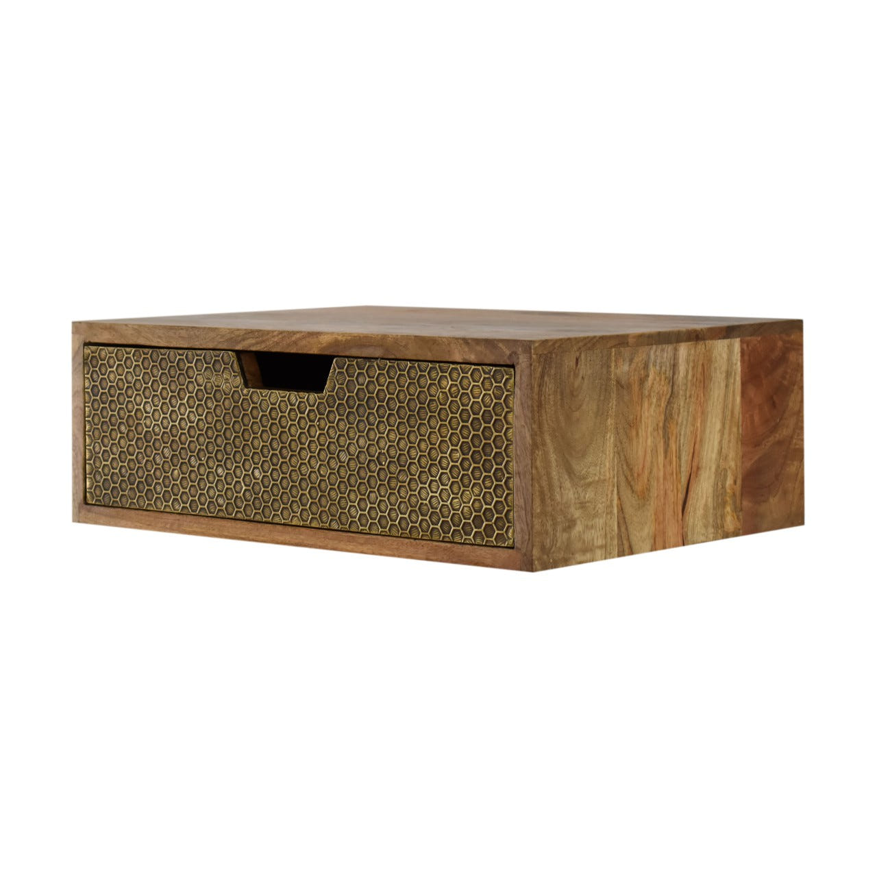 Floating Honeycomb Brass Bedside Table | Oak Mango Wood