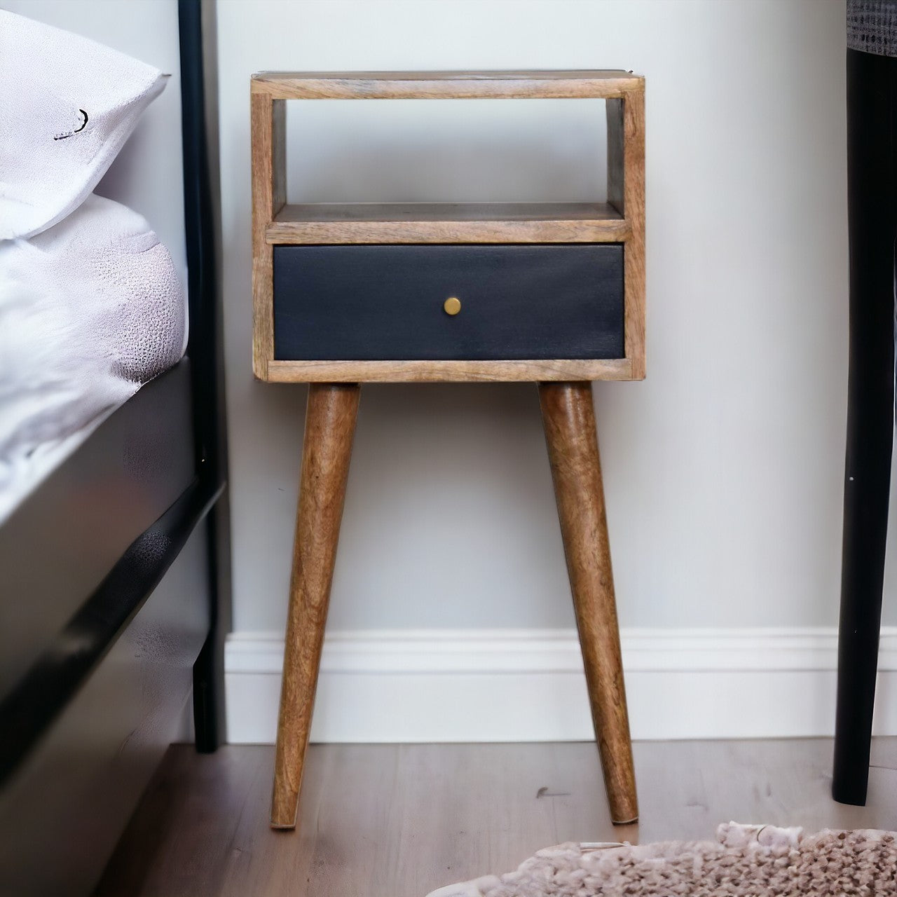Mini Navy Blue Hand Painted Bedside Table | Open Shelf