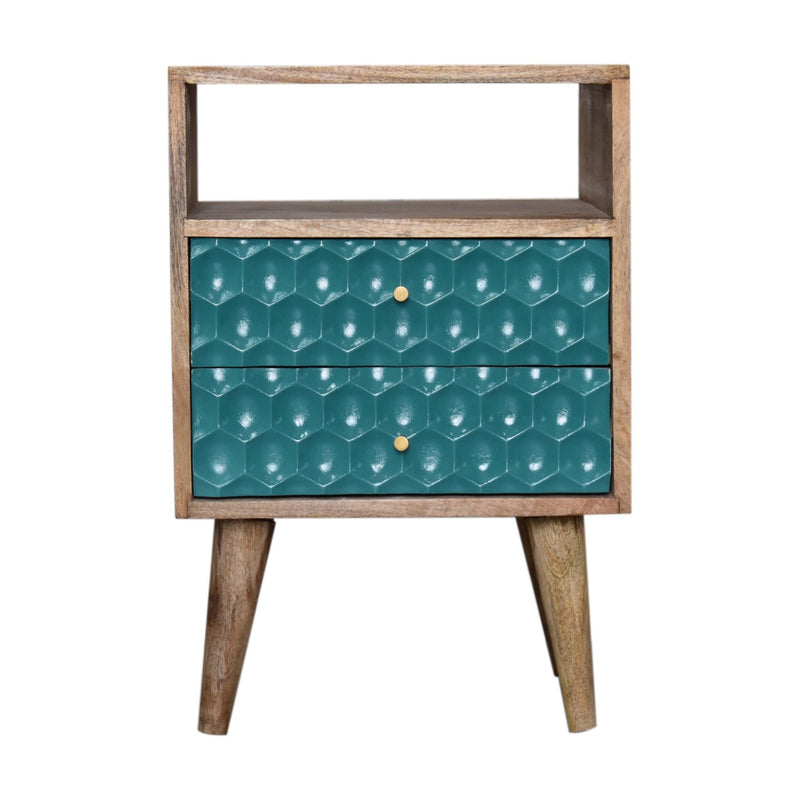 Honeycomb Teal Open Slot Bedside Table | Hand-Painted Mango Wood
