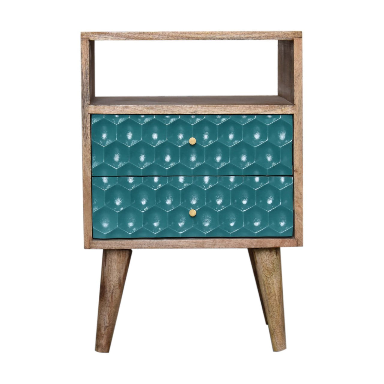 Honeycomb Teal Open Slot Bedside Table | Hand-Painted Mango Wood
