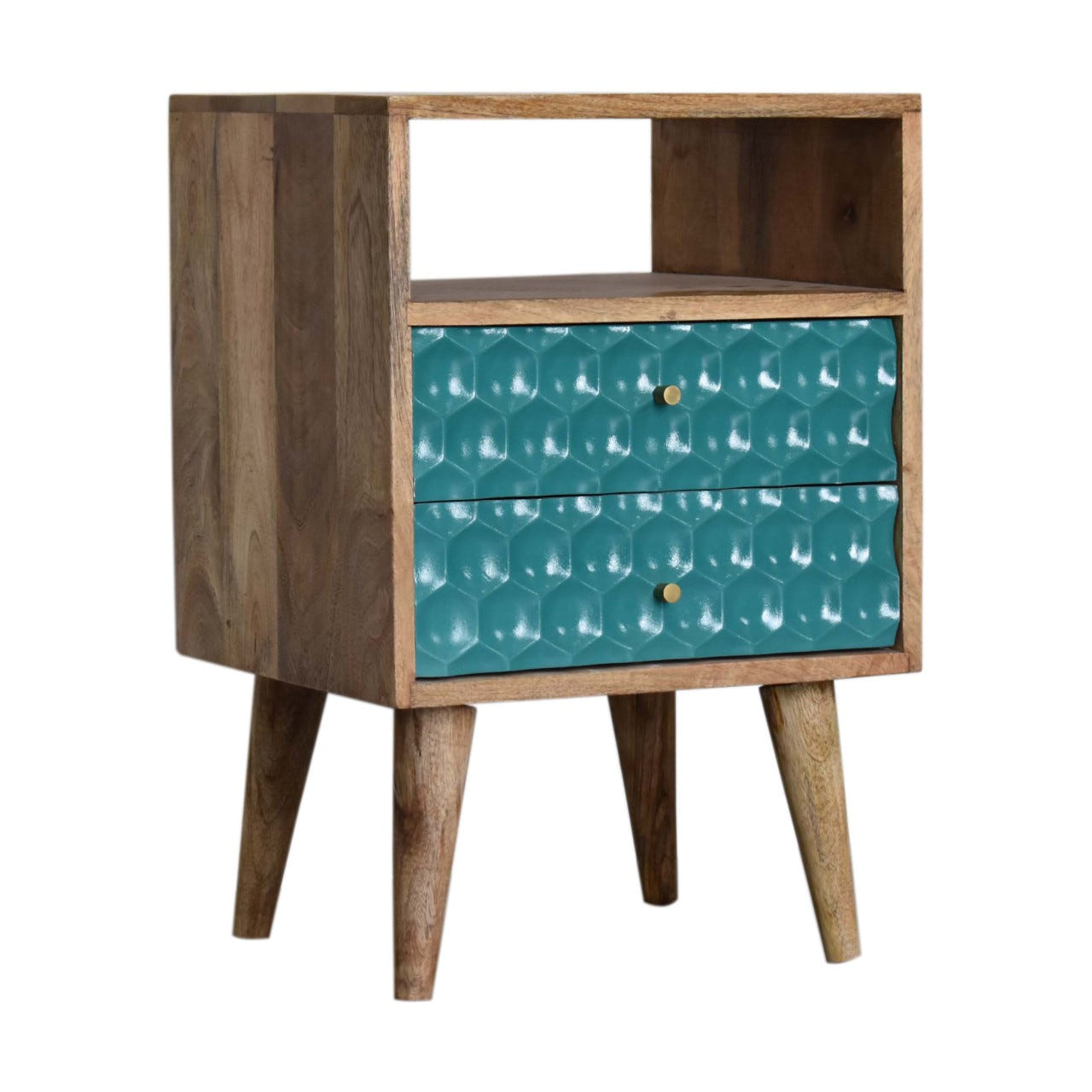 Honeycomb Teal Open Slot Bedside Table | Hand-Painted Mango Wood