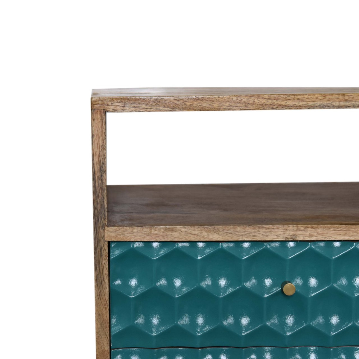 Honeycomb Teal Open Slot Bedside Table | Hand-Painted Mango Wood