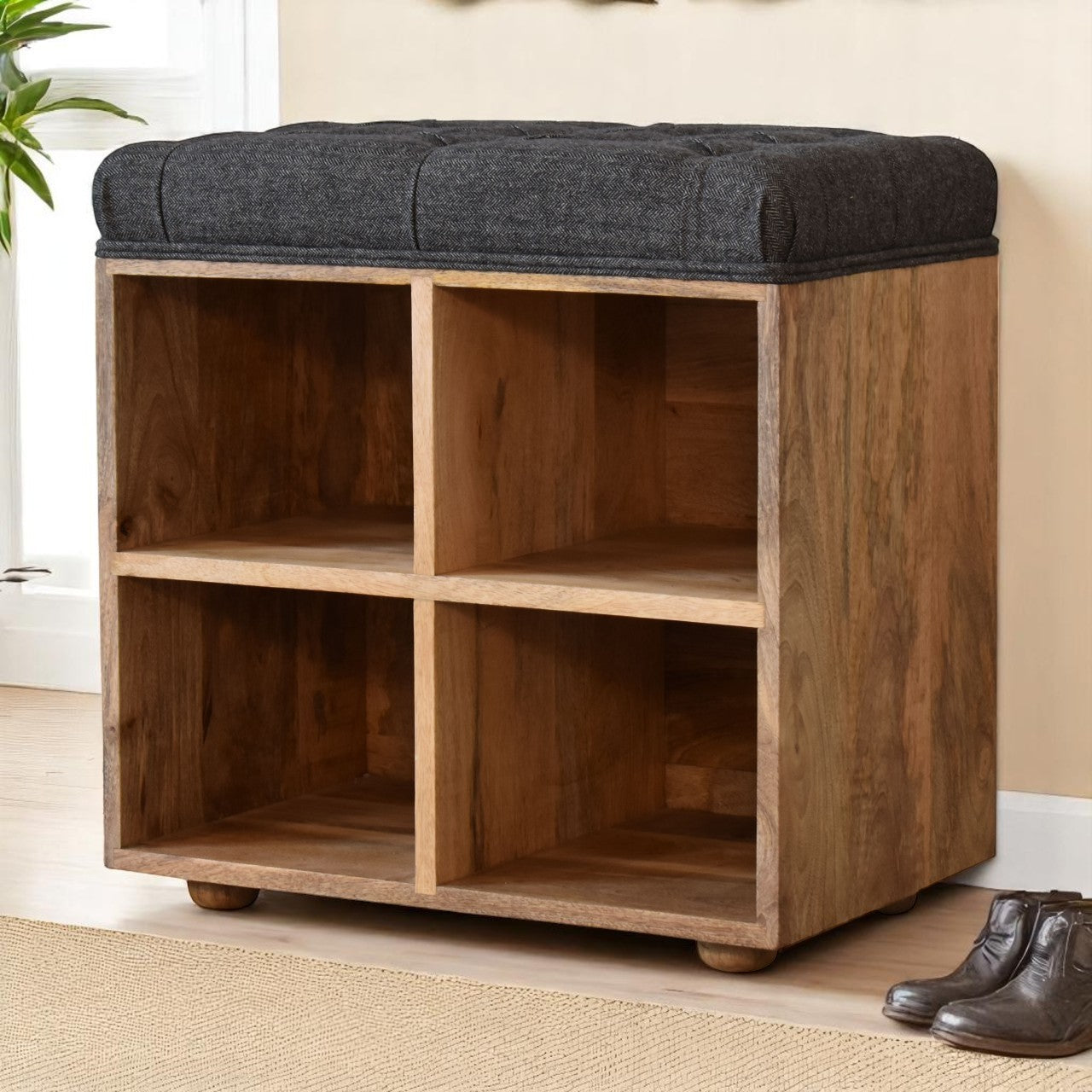 Mini Black Shoe Storage Footstool | Tweed Hidden Storage