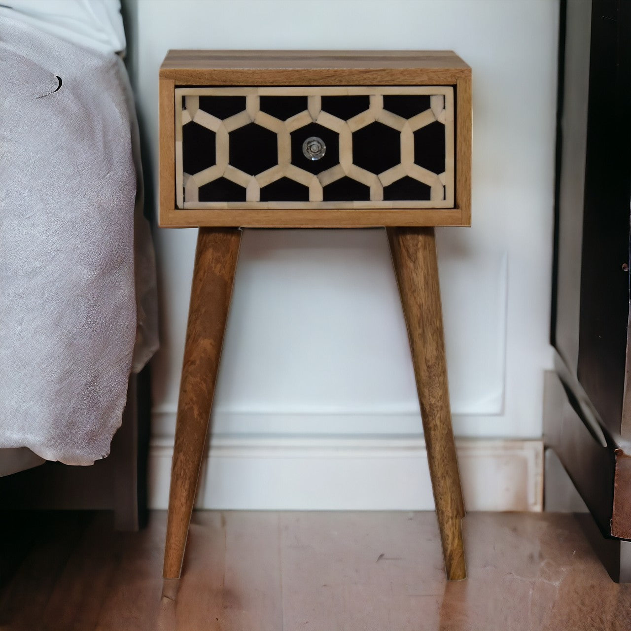 Mini Bone Inlay Bedside Table | Oak-Ish Solid Mango Wood