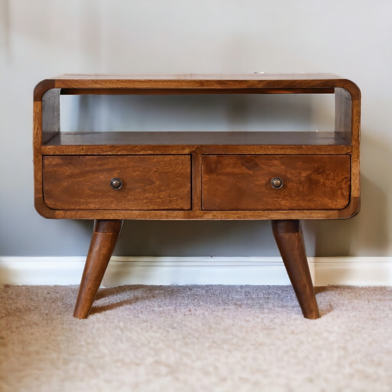 Mini Chestnut Curved Media Unit with 2 Drawers