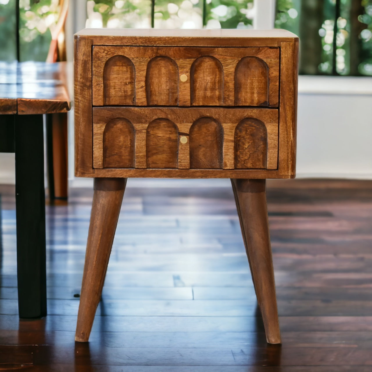 Chestnut Arch Bedside Table | Hand-Carved