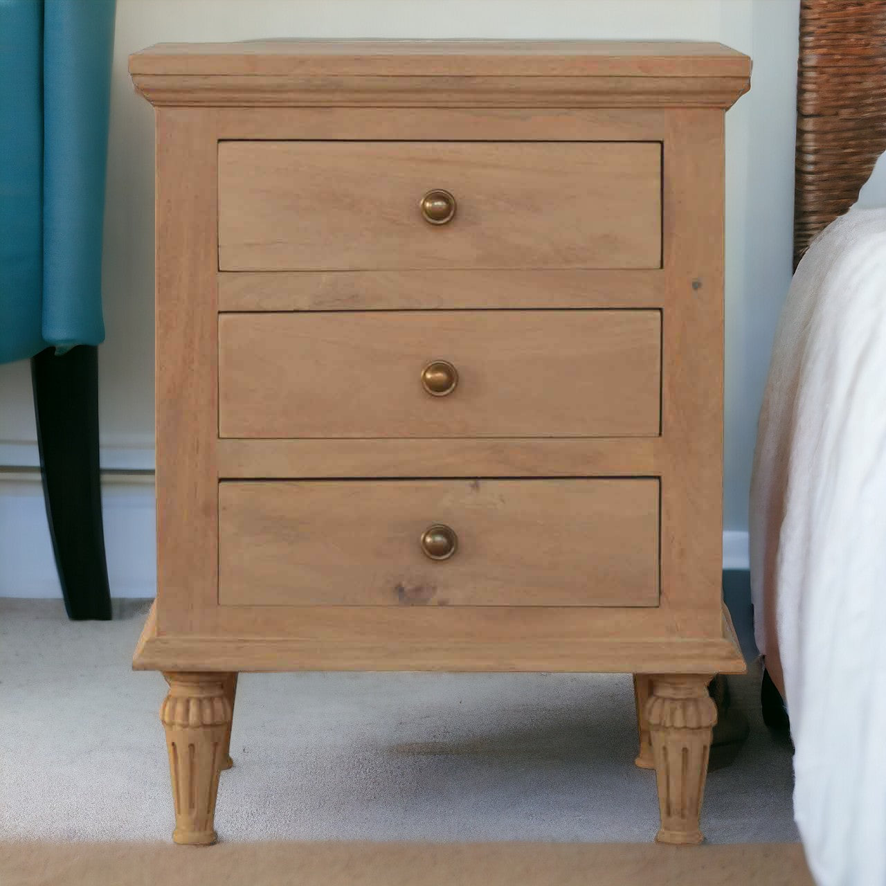 3-Drawer Mango Wood Bedside Table