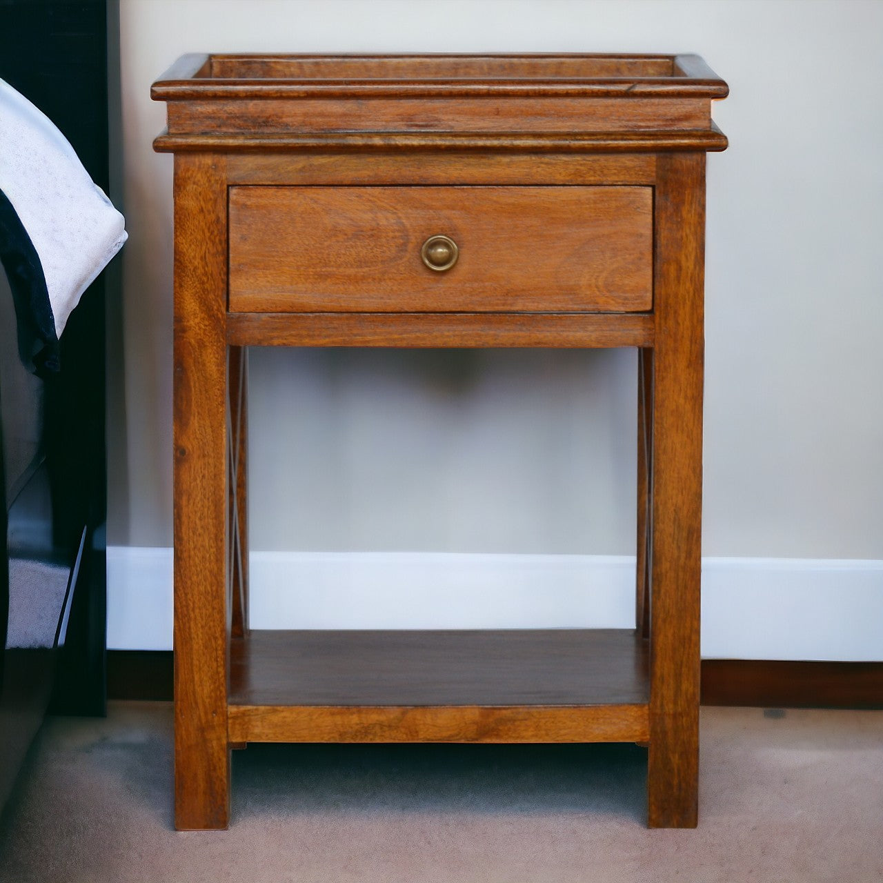 Solid Wood Criss-Cross End Table Accent Piece | Chestnut Solid Mango Wood