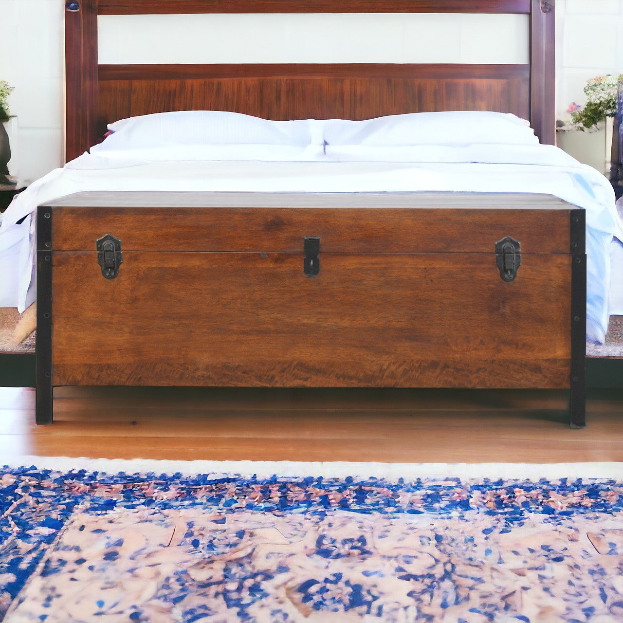Industrial Lid up Blanket Box Storage Bench | Oak-Ish Solid Mango Wood