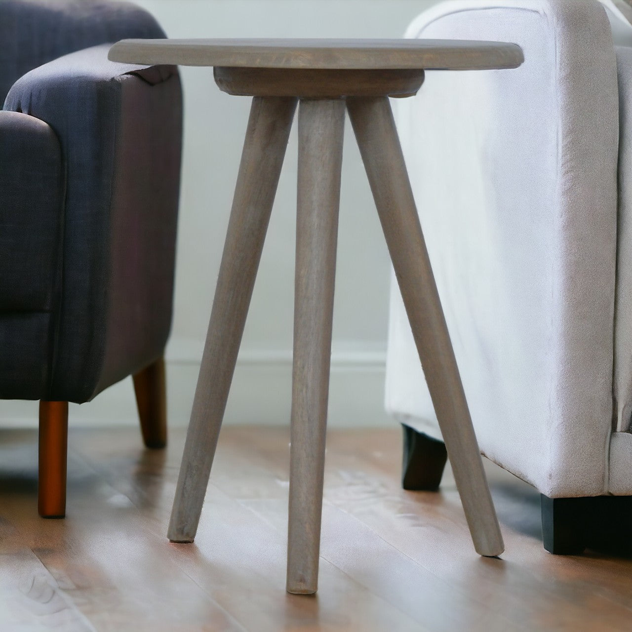 Lulu Round Tripod End Table Accent Piece | Grey Mango Wood