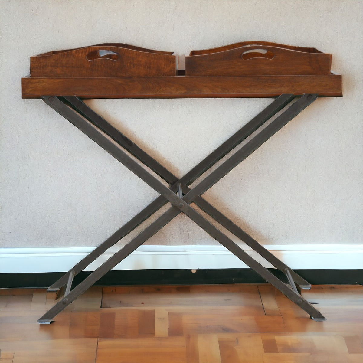 Industrial Metal Butler Tray Accent Piece | Chestnut Iron & Mango Wood