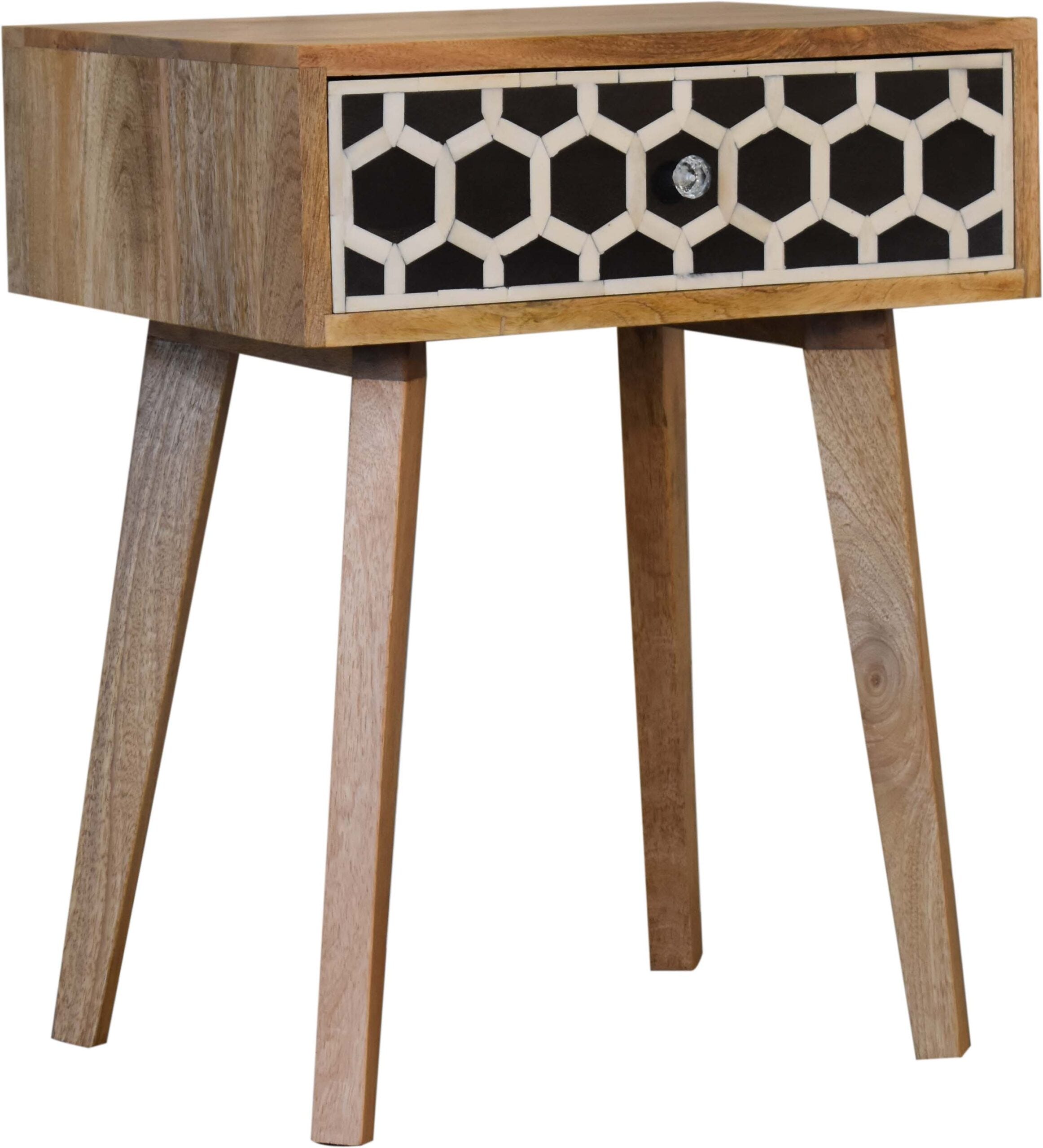 Bone Inlay Tapered Bedside Table | Oak-Ish Solid Mango Wood