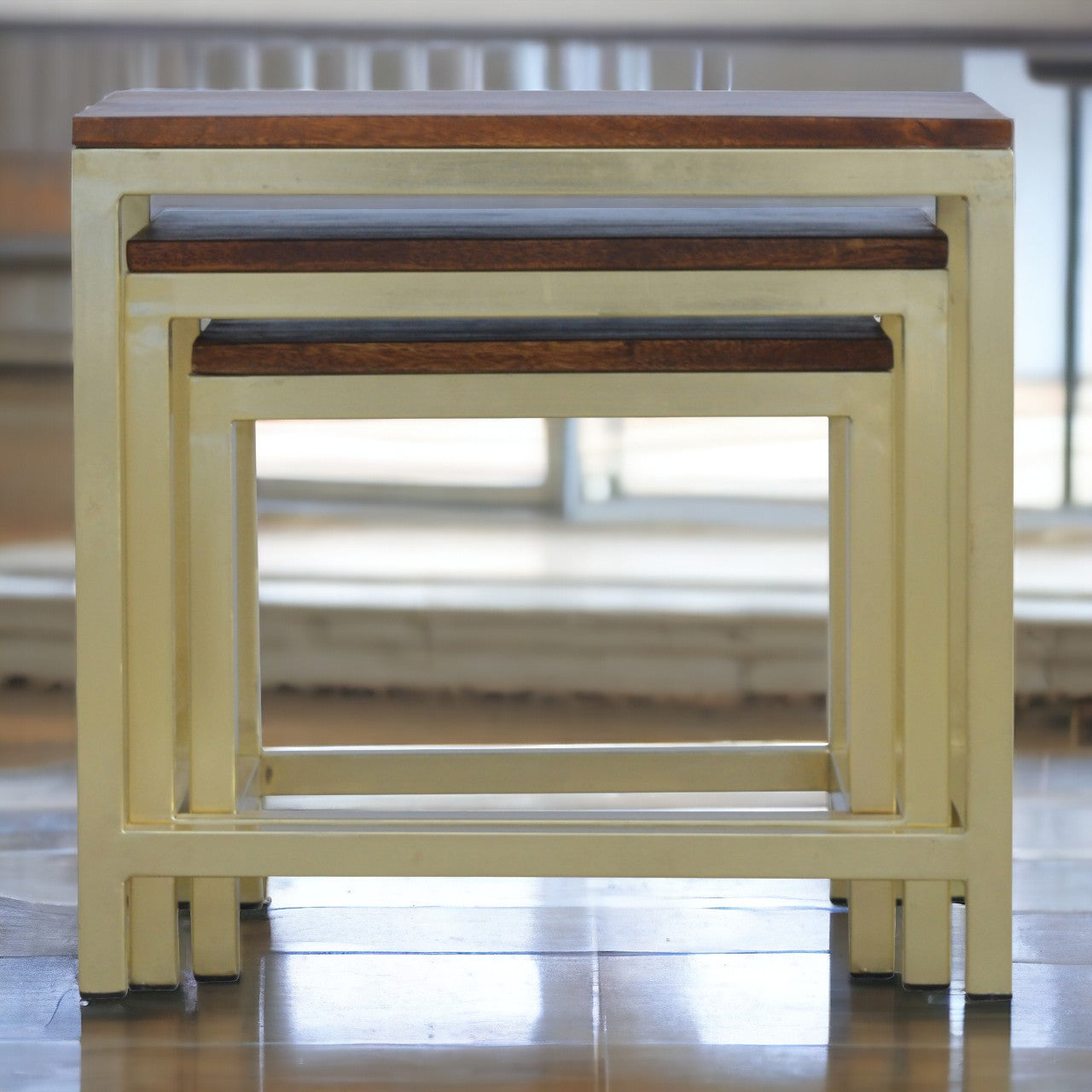 Chunky Gold Stool Set of 3 Footstool | Chestnut Mango Wood