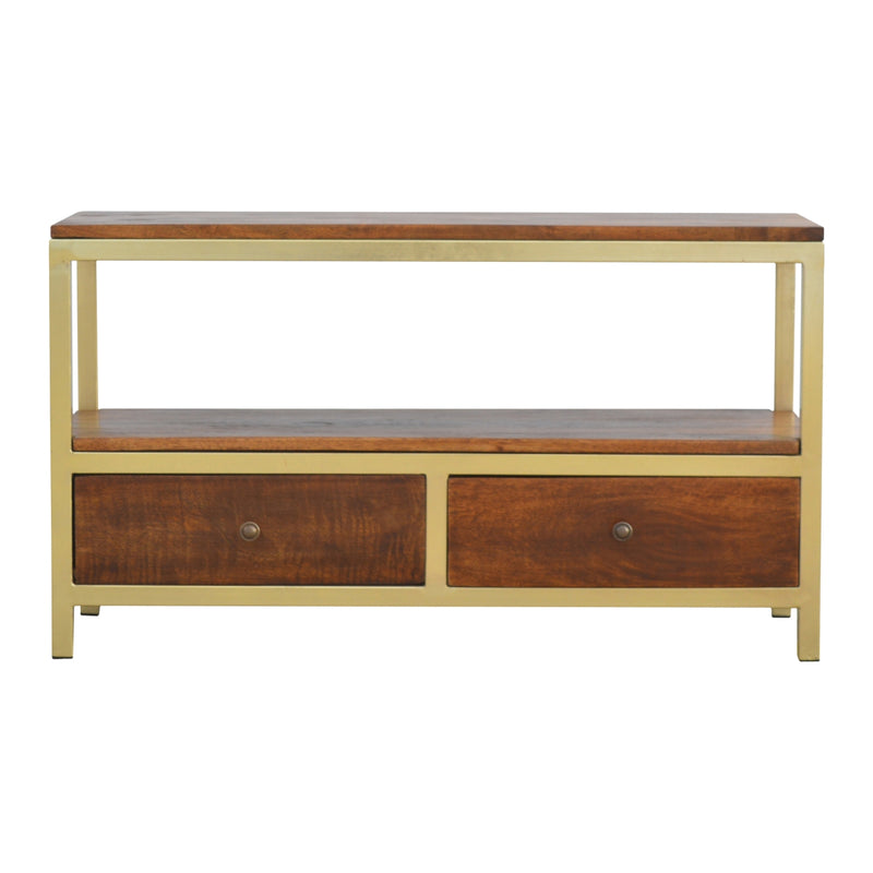 Media Unit With Gold Base | Chestnut Mango Wood