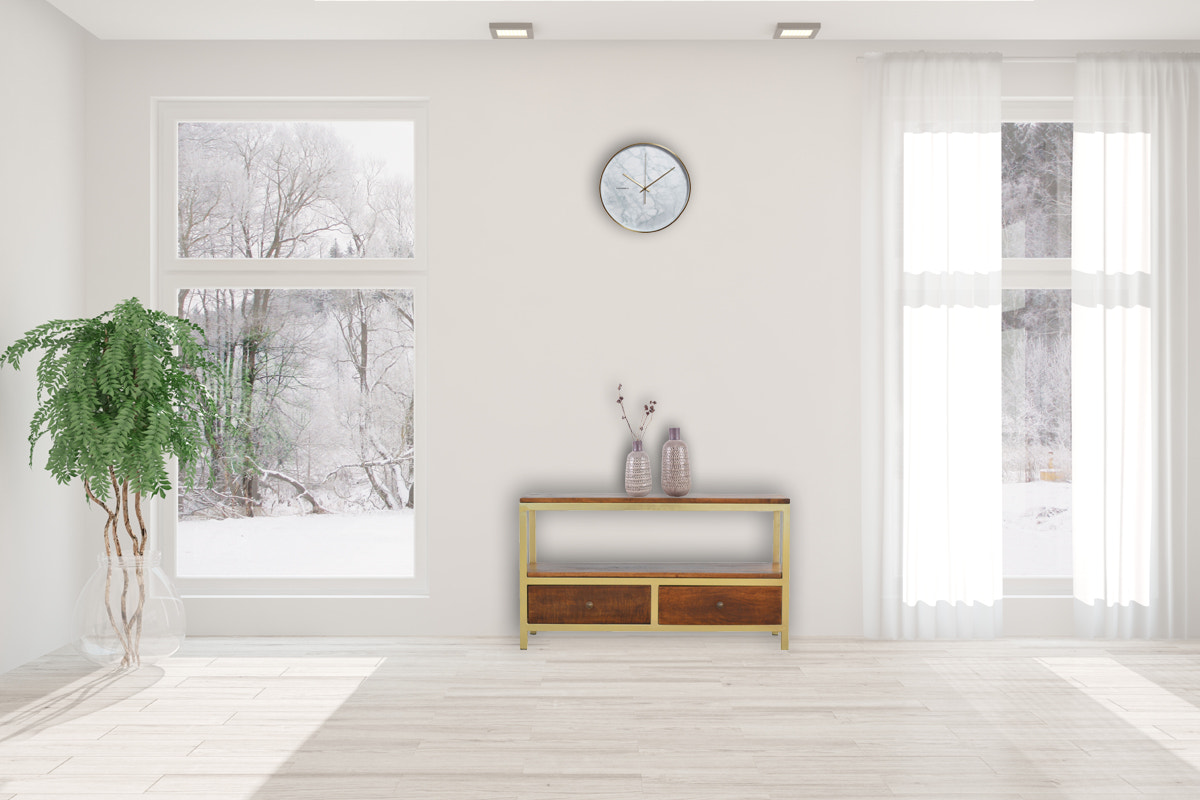 Media Unit With Gold Base | Chestnut Mango Wood