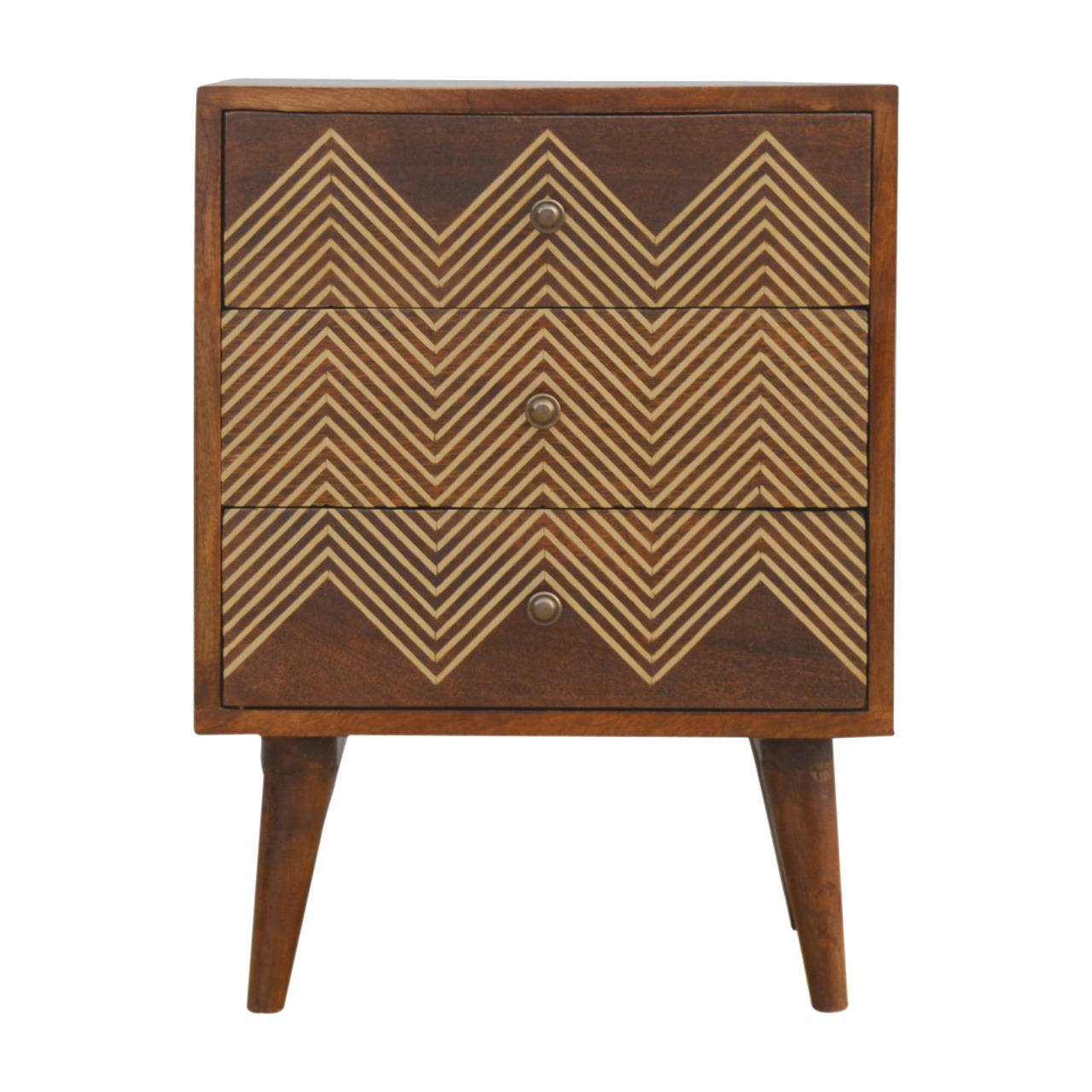 3-Drawer Brass Chevron Bedside Table | Chestnut Solid Mango Wood