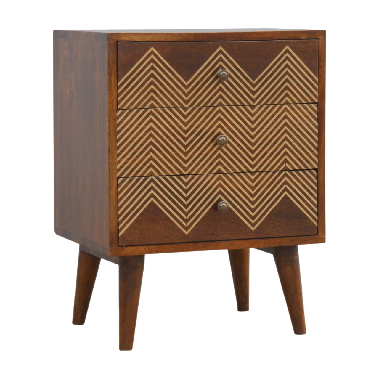 3-Drawer Brass Chevron Bedside Table | Chestnut Solid Mango Wood