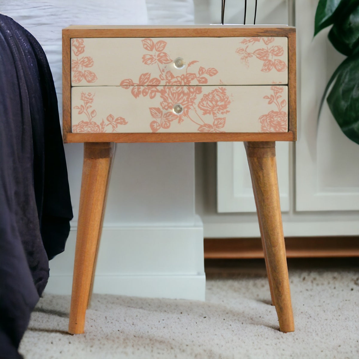 Pink Floral Screen Printed Bedside Table