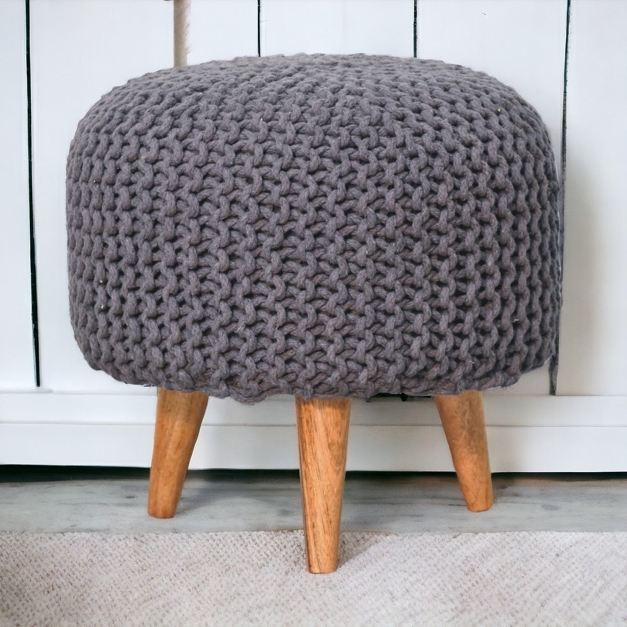 Keeva Grey Round Footstool | Oak Solid Mango Wood