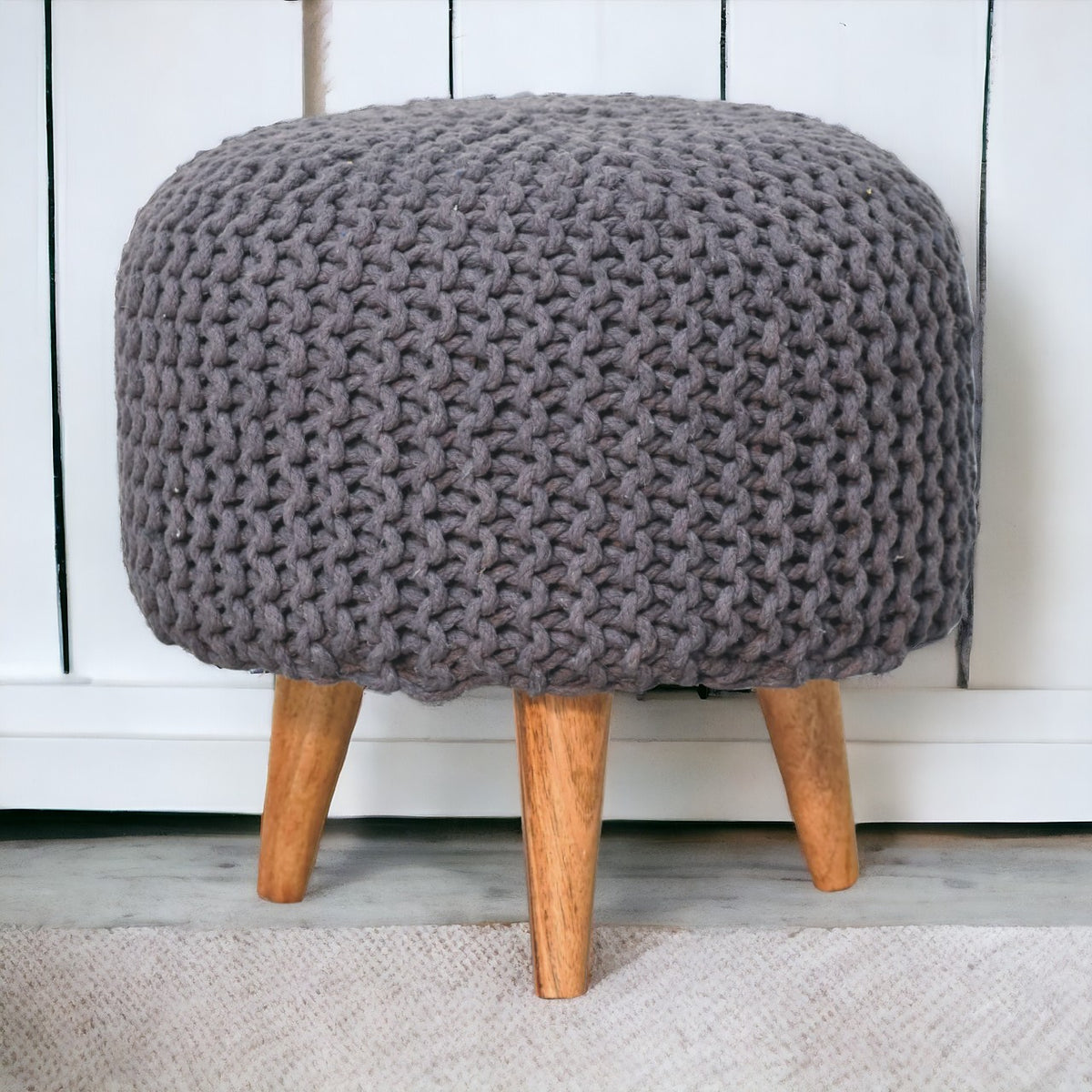Keeva Grey Round Footstool | Oak Solid Mango Wood
