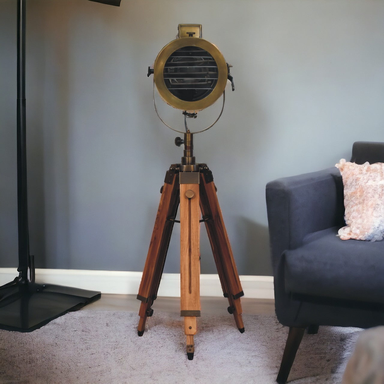 Brass Antique Tripod Fold Spotlight Floor Lamp