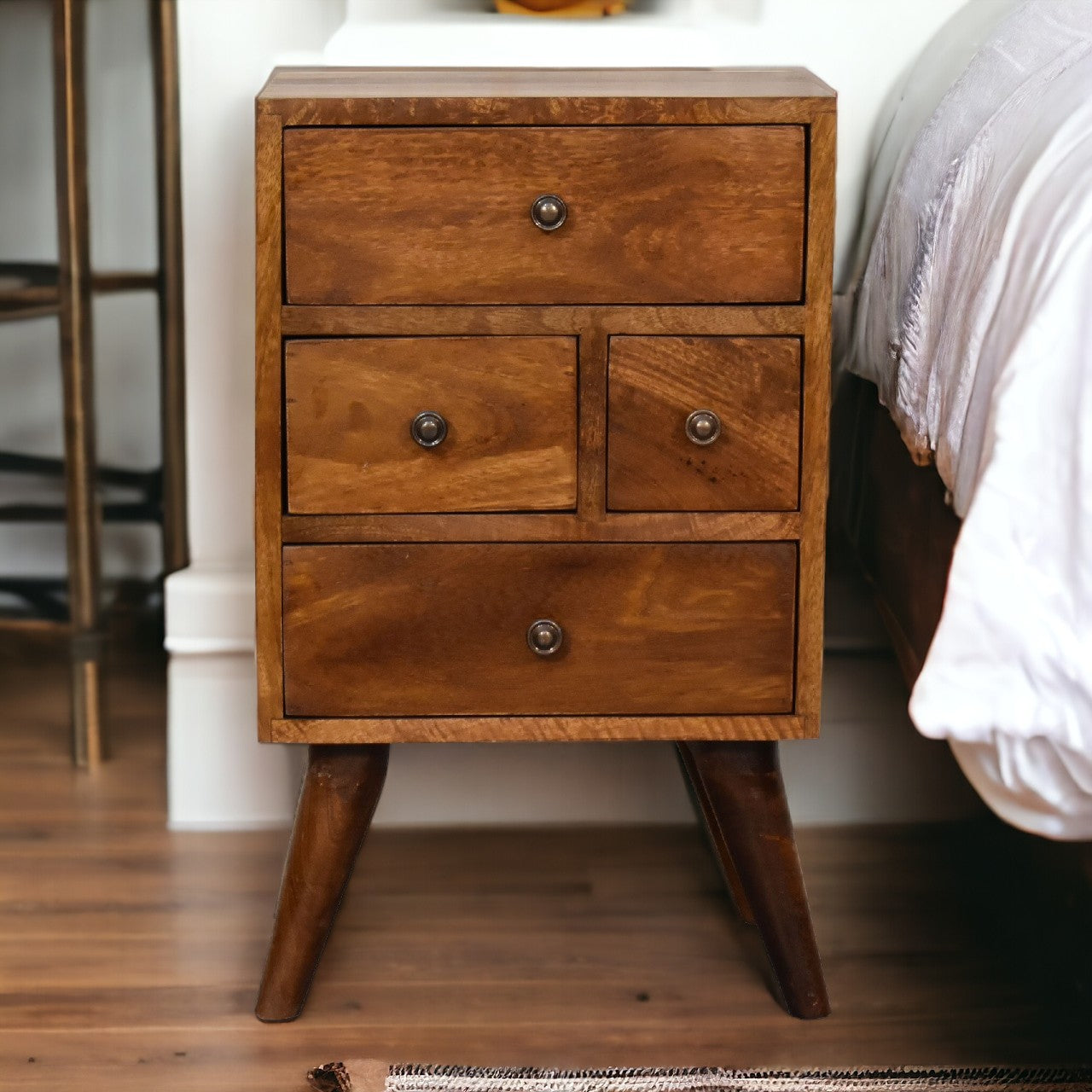 Chestnut Nordic Style 4 Drawer Multi Bedside