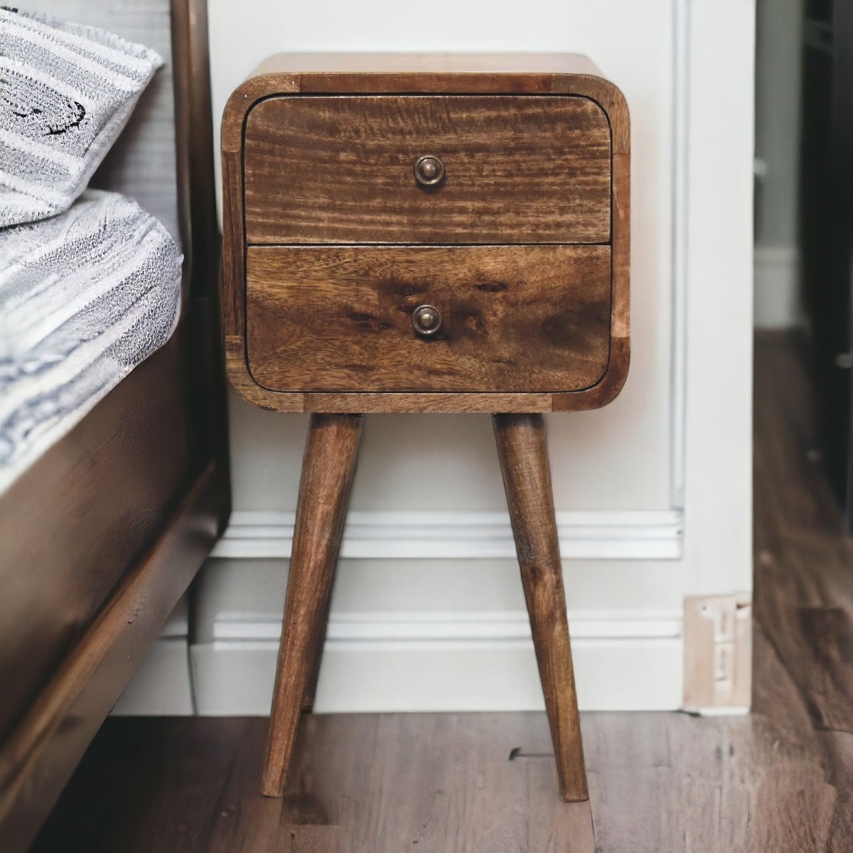 Mini Curved Grey Washed Bedside Table