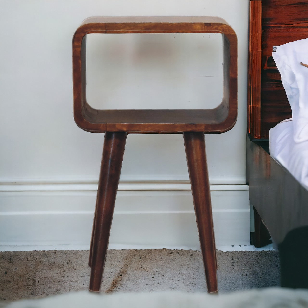 Mini Chestnut Curved Open Bedside Table | Open Shelf