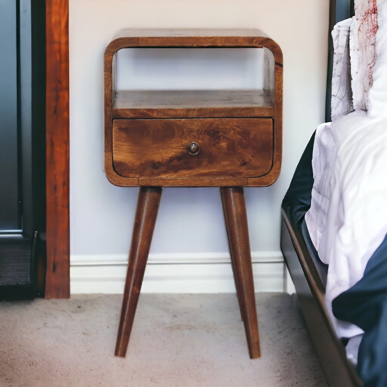Mini Chestnut Curved Bedside with Open Slot