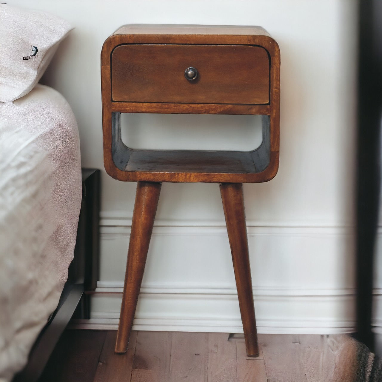 Mini Chestnut Curved Bedside with Lower Slot