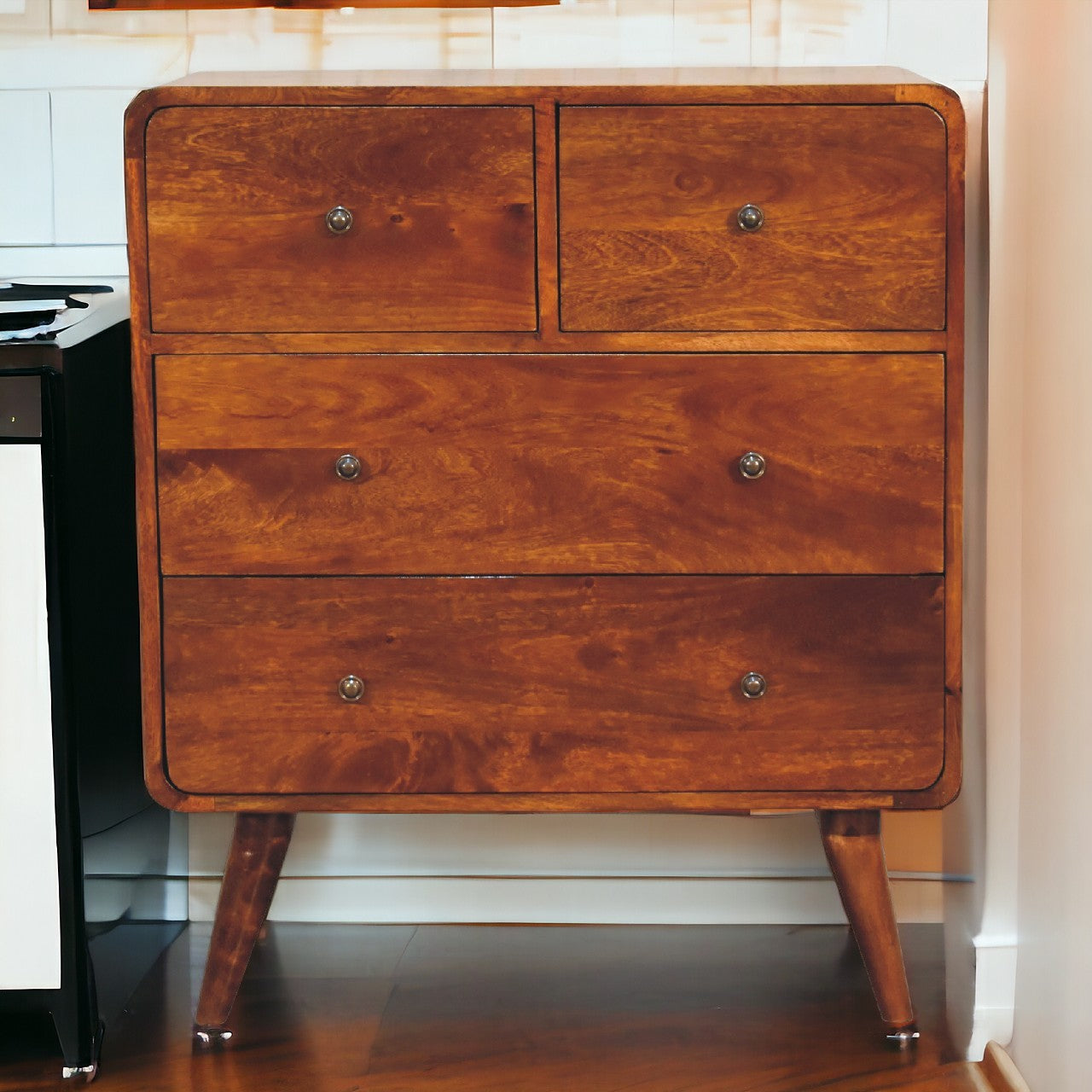 2 over 2 Curved Chesnut Chest of Drawers | Chestnut Mango Wood