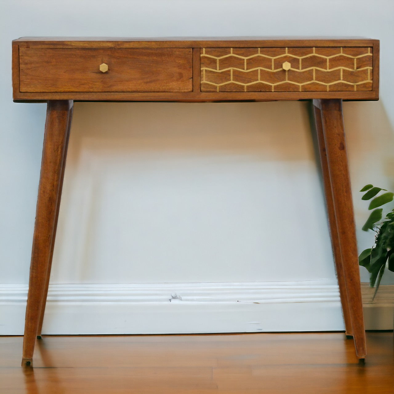 Gold Art Pattern Console Table | Chestnut Solid Mango Wood