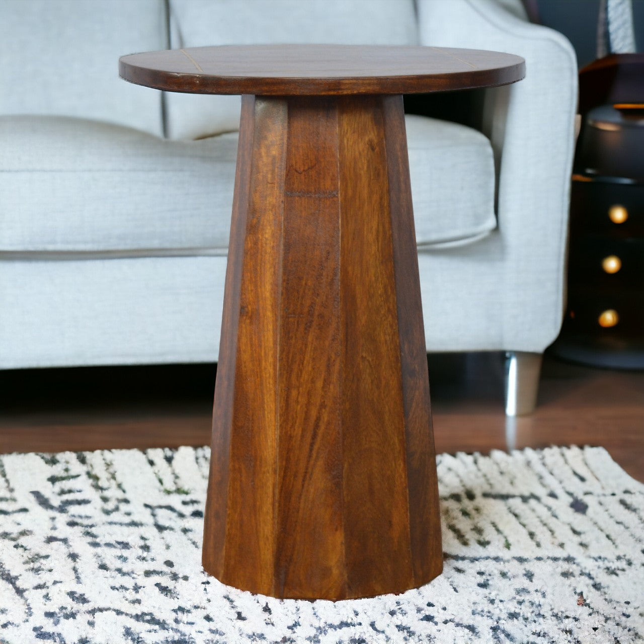 Geometric Brass Inlay End Table Accent Piece | Chestnut Mango Wood