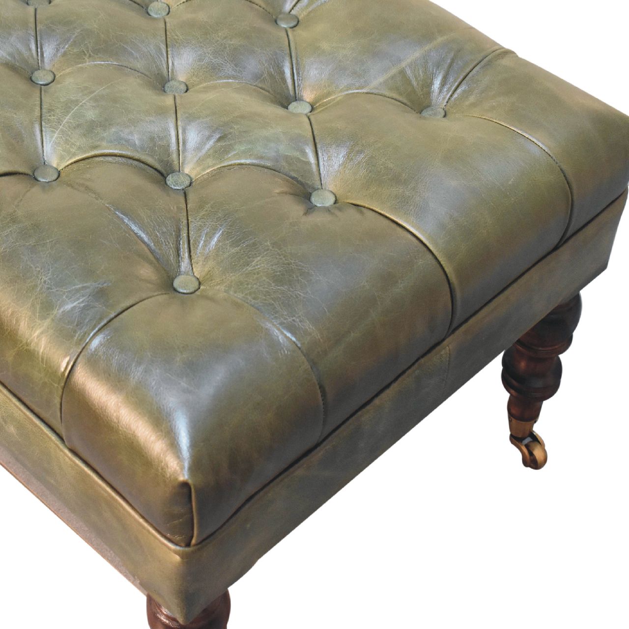 Buffalo Green Leather Ottoman with Castor Legs Storage Bench